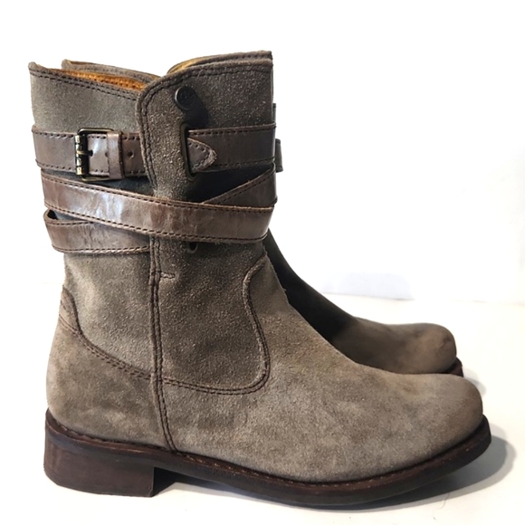 Bussola Taupe Leather Mid Calf Biker Buckle Zip Boots Size EU 37, US 6.5 EUC! - Picture 2 of 14